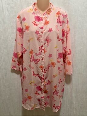 Vintage 90s Cruz Pink Butterfly Floral Duster Robe House Dress size L